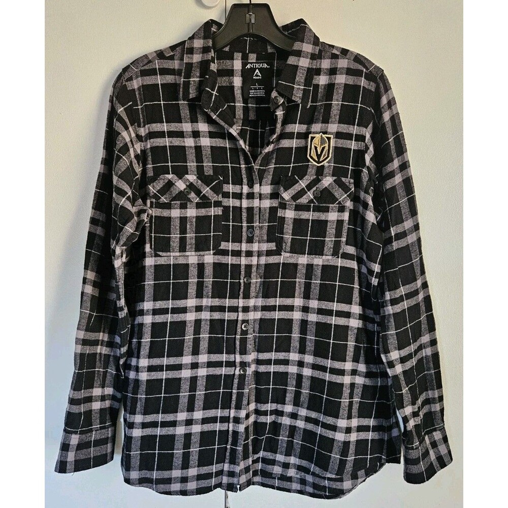 Antigua Vegas Golden Knights Women’s Large Plaid Button Up Shirt Black Gray NHL